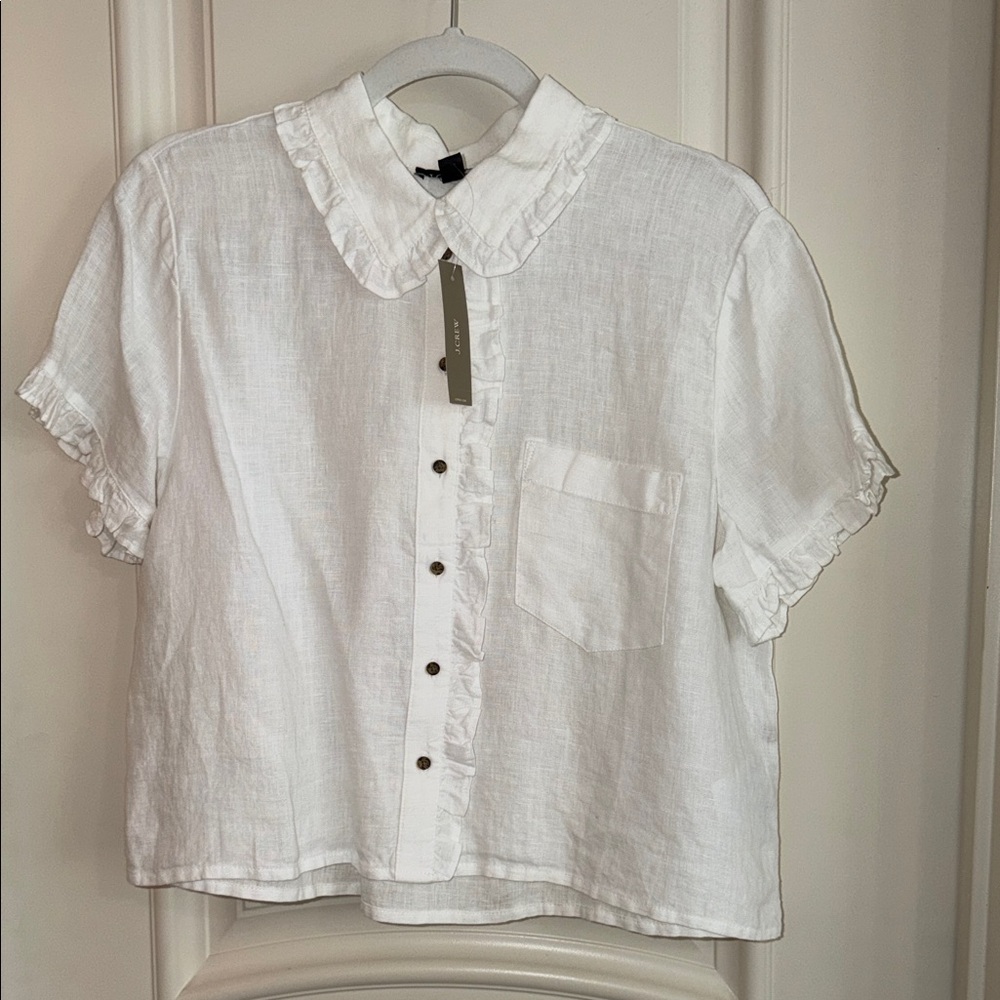 J. Crew White Linen Ruffle Trim Button-Down Top